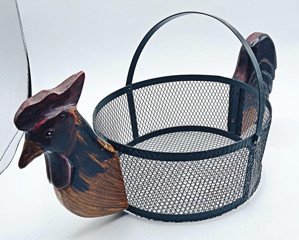 Vintage Carved Wood Rooster & Wire Basket
